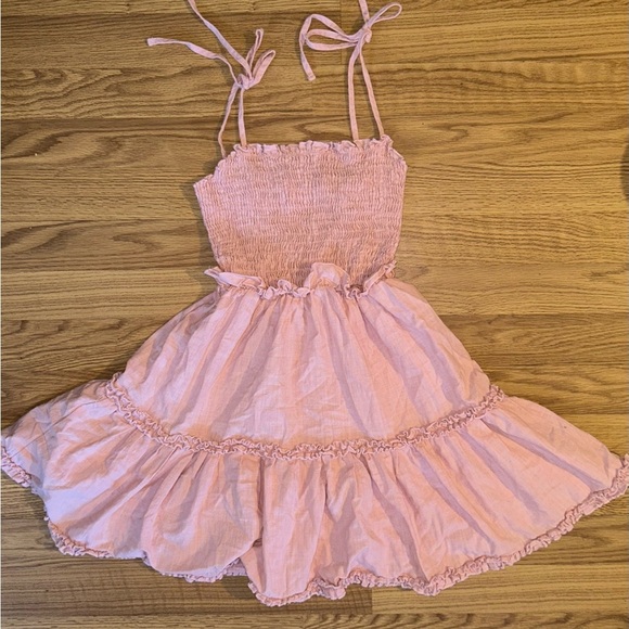 Soft Pink Ruffle Mini Dress XS Shein Smocked Tie Strap Summer Cottagecore Size 2 - Picture 2 of 7